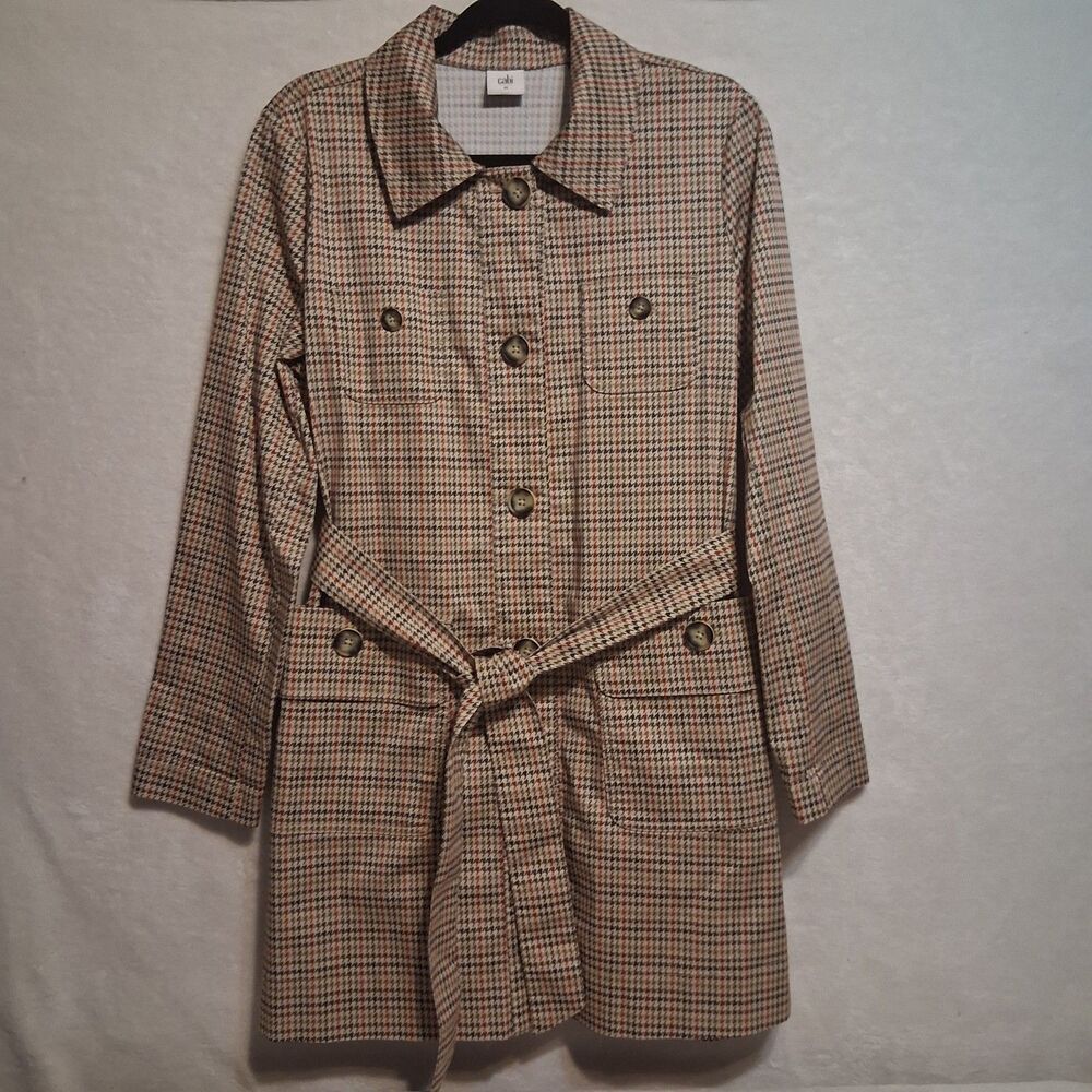Cabi M Coat Mid Length Multicolor Houndstooth Belted Autumn Sherlock Preppy